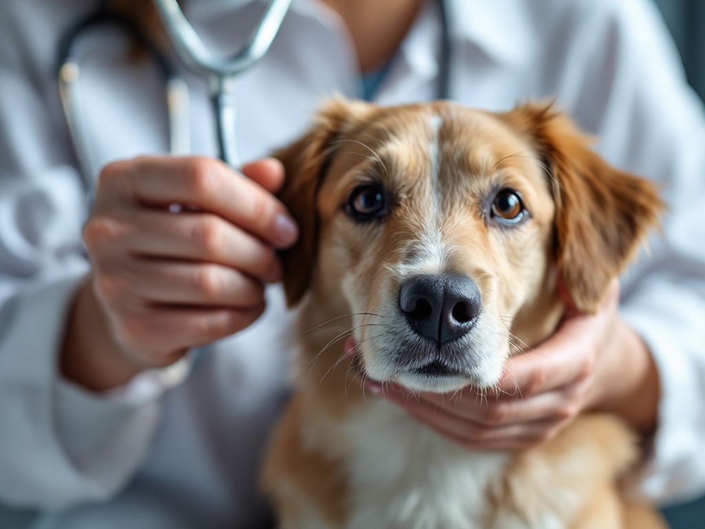 Veterinarian listening to a dog's heart at OC Pets Dubai