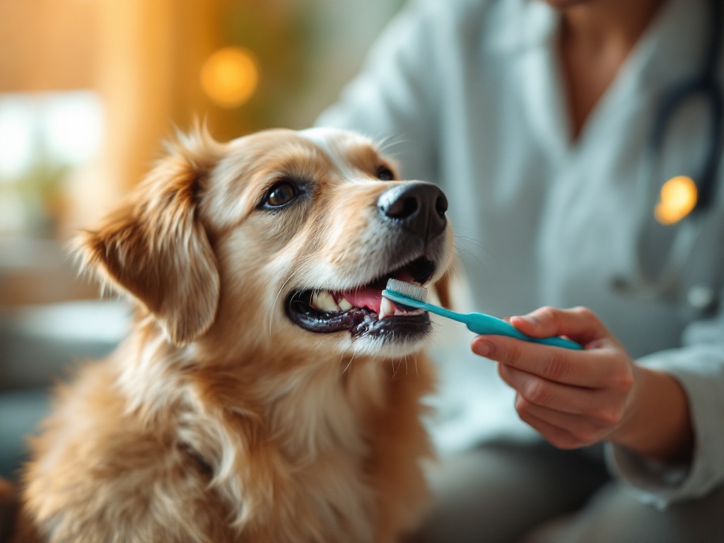 Owner brushing a dog's teeth at home with veterinary guidance